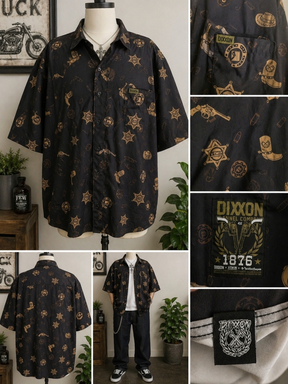 Dixxon Flannel Co V-Twin Colab 1876 Western Button Up Shirt 4X Black Cowboy